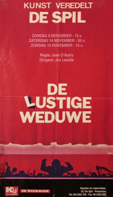 Affiche van de Toneel- en Operetteopvoering "De Lustige Weduwe" door het  Roeselaars Lyrisch Gezelschap "Kunst Veredelt", Roeselare, 1998