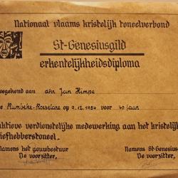 Diploma van het Nationaal Vlaams Kristelijk Toneelverbond (Sint-Genesiusgild), 1984. 