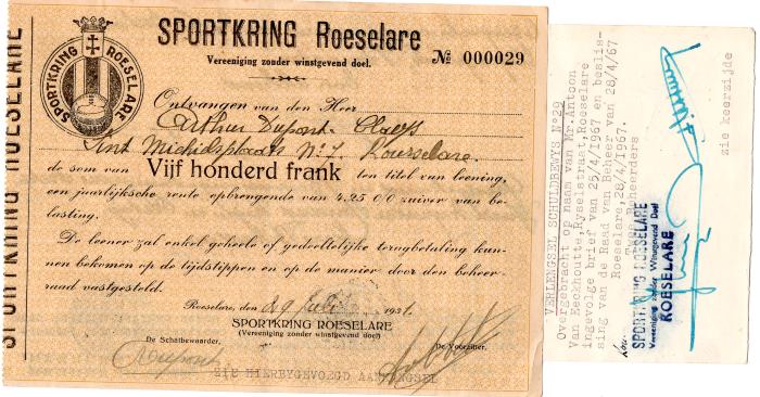 Schuldbewijs Sportkring Roeselare, 1931