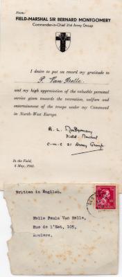 Dankbrief field marshal sir Bernard Montgomery aan Paula Van Belle, 1945