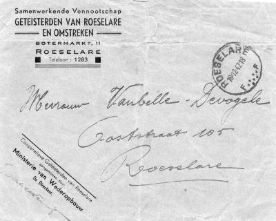 Briefomslag van 'Geteisterden van Roeselare en omstreken', 1947