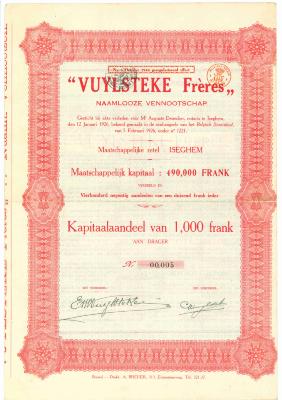 Kapitaalaandeel naamloze venootschap Vuylsteke Frères,  1926