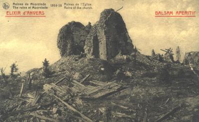 Ruïnes van kerk Moorslede tijdens WO I