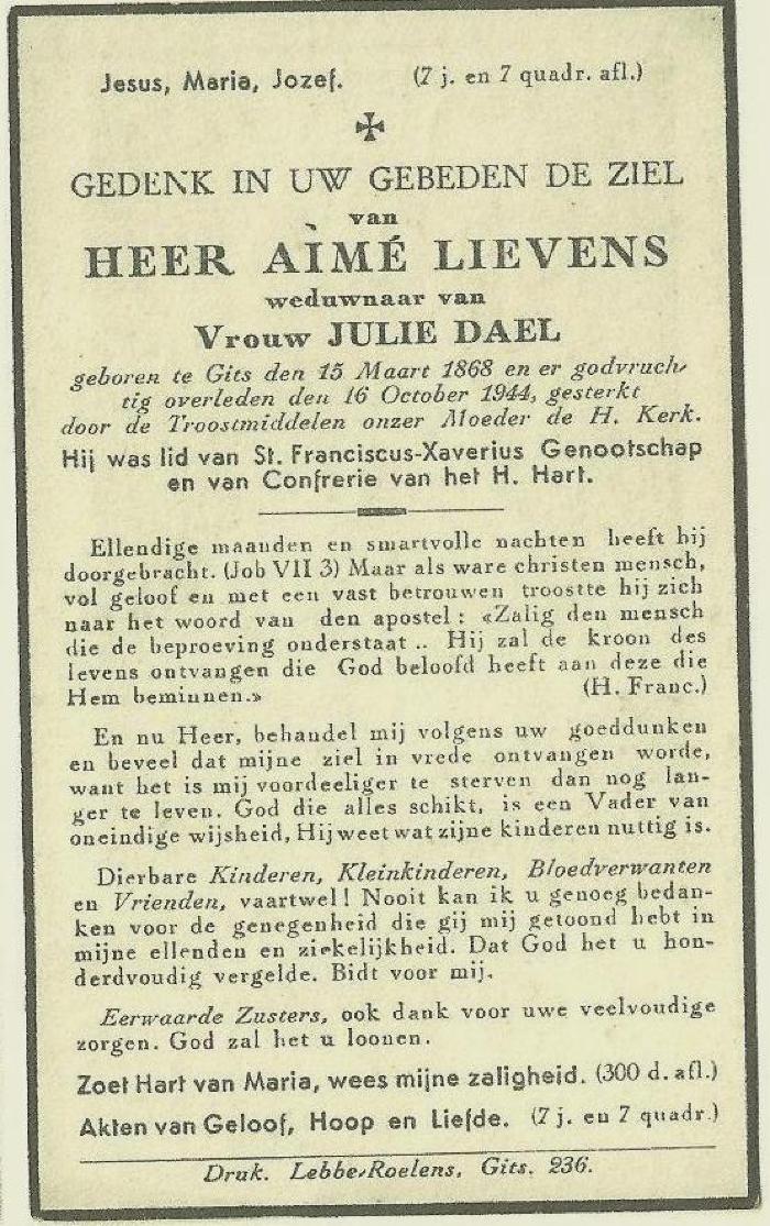 Bidprentje Aimé Lievens