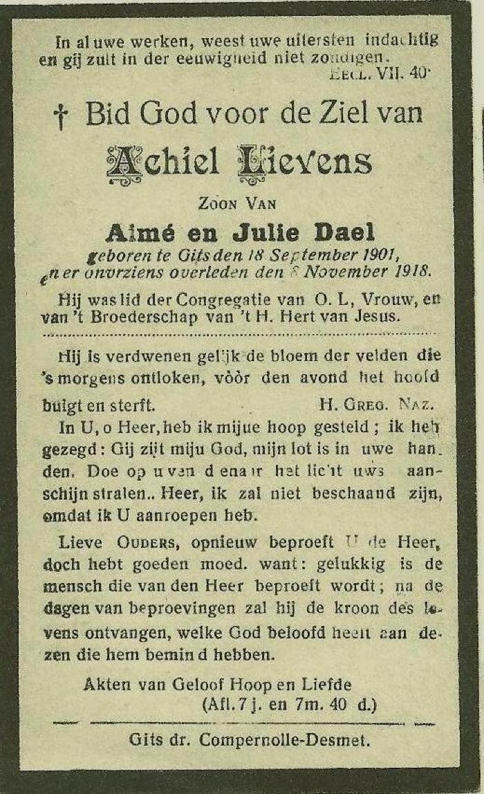 Bidprentje Achiel Lievens