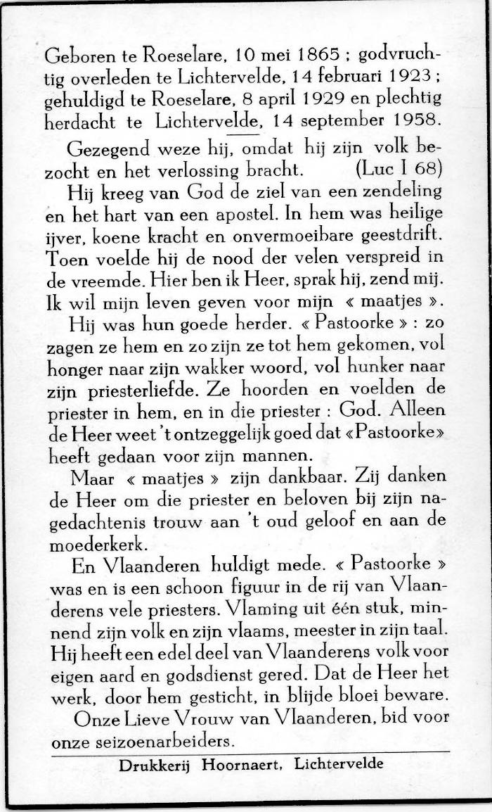 Gedachteniskaartje pasterke Edmond Denys, 1958